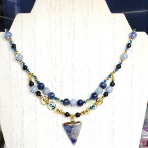 Blue & Gold Gemstone Necklace with Agate, Sodalite, and Goldstone Beads along wi